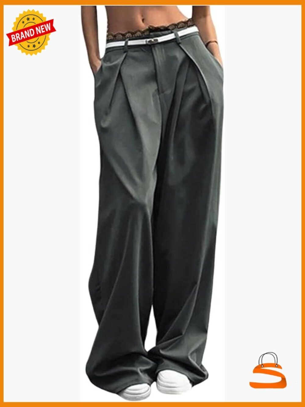Low Rise Wide Leg Lace Trim Dress Pants Work Trousers with Pleated Front
